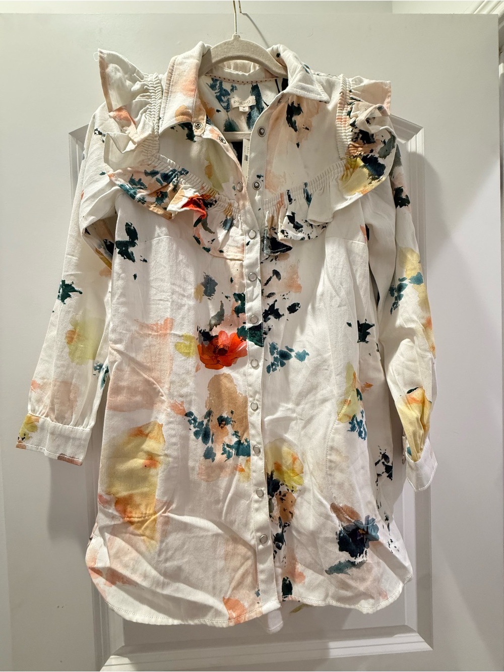 Pilcro White Floral Ruffle Snap-Front Dress